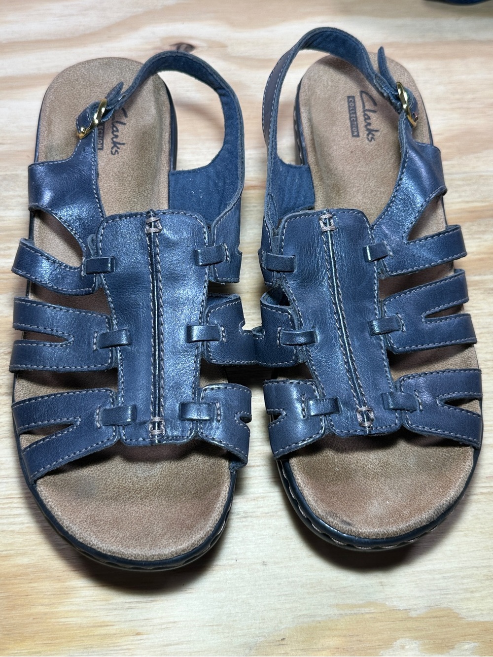 Clarks Navy Blue Leather Strappy Slingback Sandals